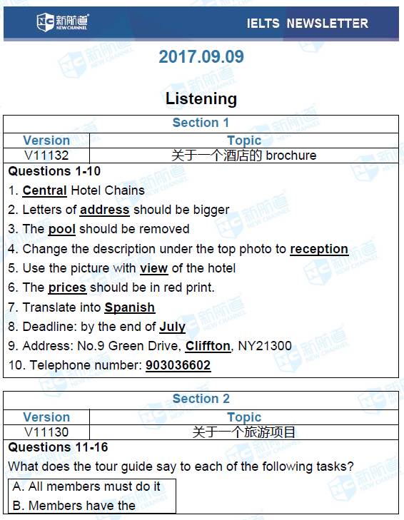 新航道2017.09.09的雅思考试机经听力部分
